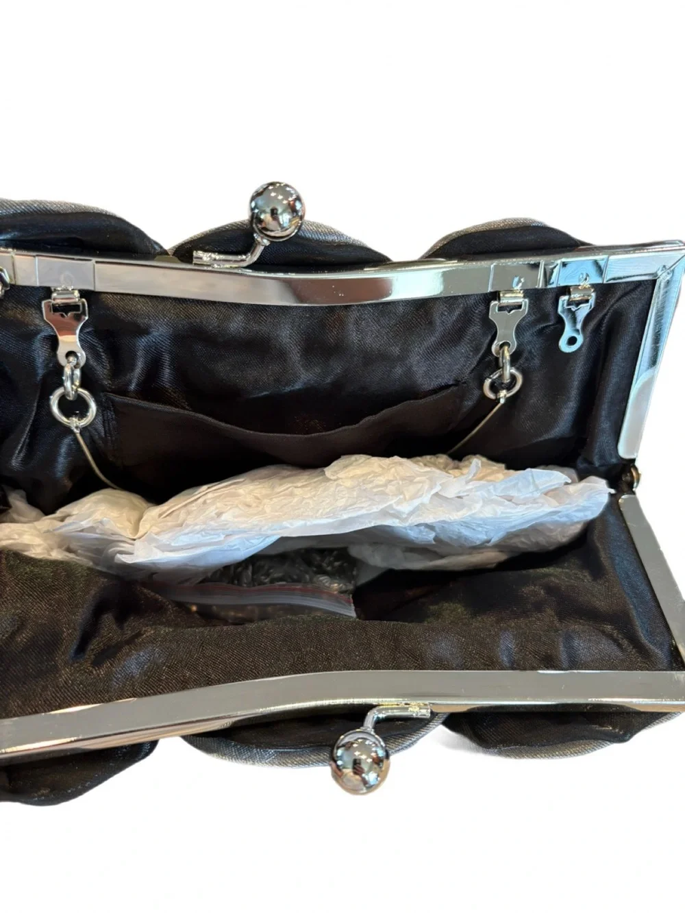 Helen Heart Gray Rosette Formal Evening Bag NWT Silver Handle Chain Strap - Picture 5 of 6